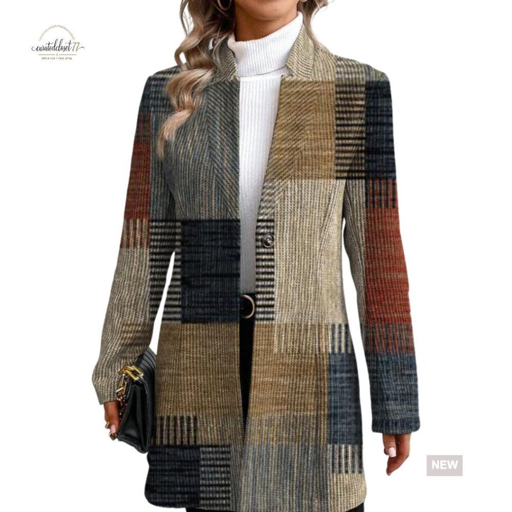 Long Sleeve Blazer Jacket Loose Fit Plaid Work Office Casual Outerwear